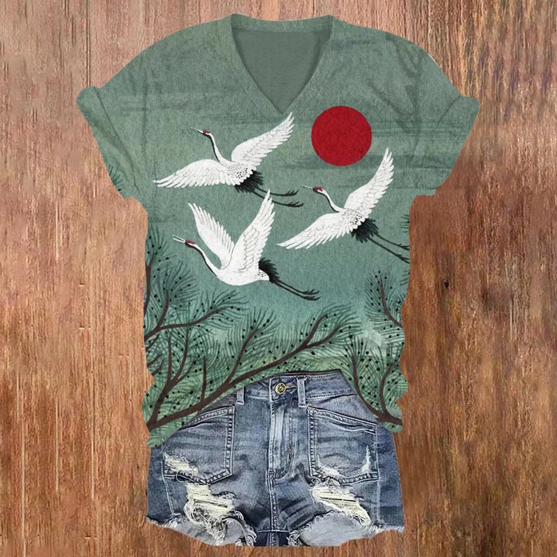 Dashingsoul Japanese Style Flying Cranes And Red Sun Print V-neck Short-sleeved T-shirt