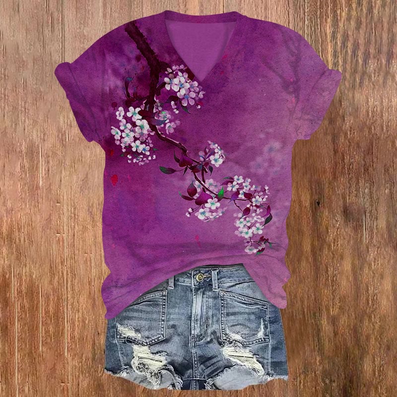 Dashingsoul Japanese Antique Pear Blossom Ink Painting Print Short Sleeves V-neck T-shirt