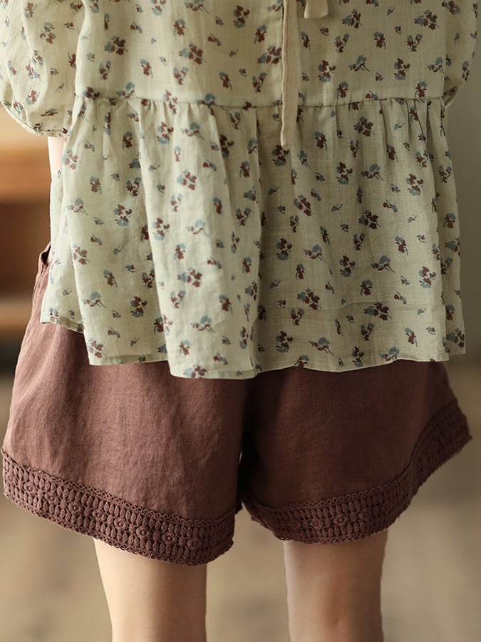 Retro Hollow Crochet Mosaic Cotton Linen Shorts
