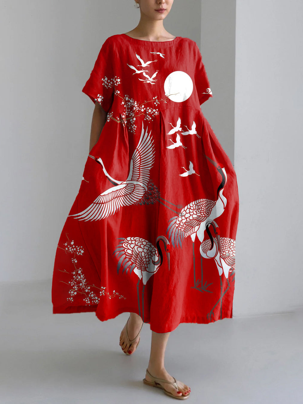 Vintage Crane Art Print Linen Blend Maxi Dress