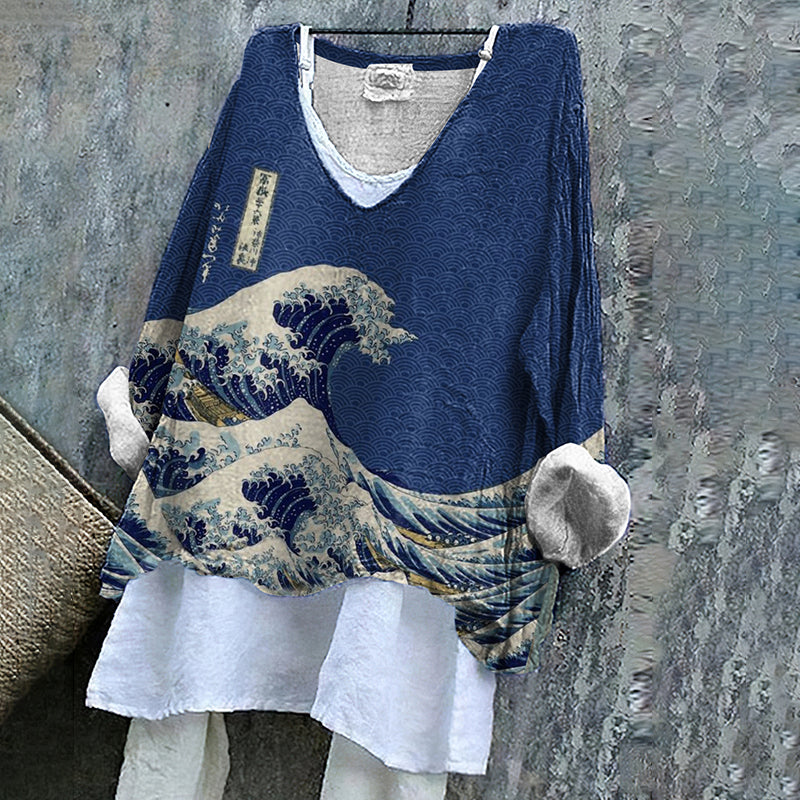 Vintage Japanese Art V Neck Casual Shirt