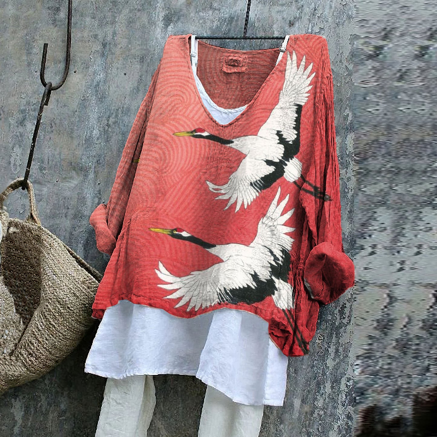 Japanese Ukiyoe Flying Crane Art V Neck Casual Shirt
