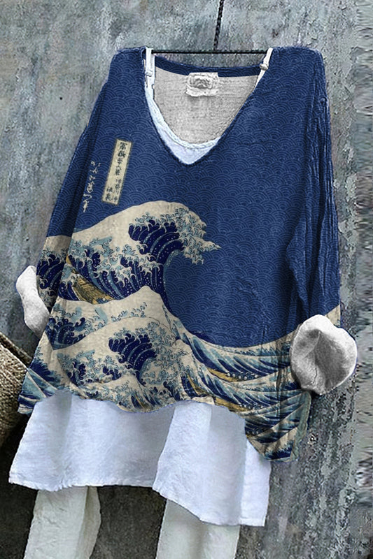 Vintage Japanese Art  V Neck Casual Shirt