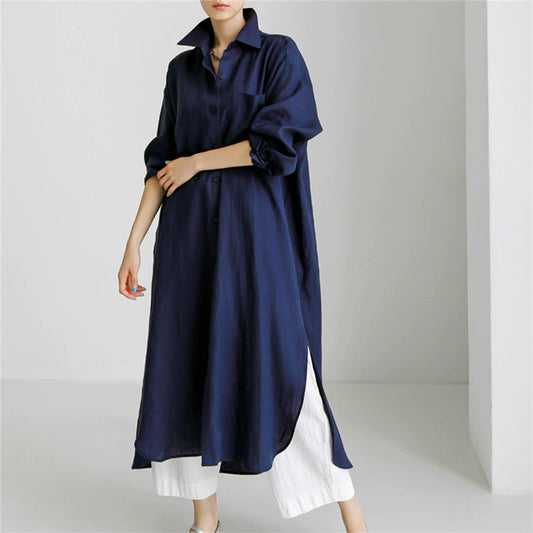 Women's Solid Color Casual Elegant Cotton And Linen Irregular Shirt Long Dress