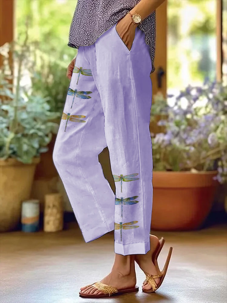 Women's Watercolor Dragonfly Print Casual Pants